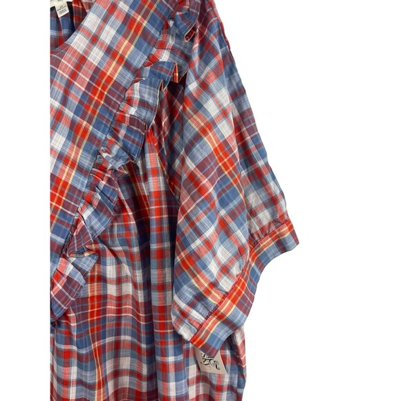 Terra & Sky Plus 4X Short Sleeve Plaid Ruffle Blouse Red Blue Cotton Top NWT - Picture 3 of 15
